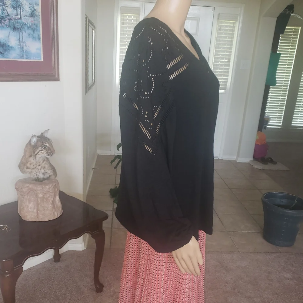 Chico's XLP flowy longsleeve crocheted yoke woven modal blend light airy luxury - Picture 4 of 10